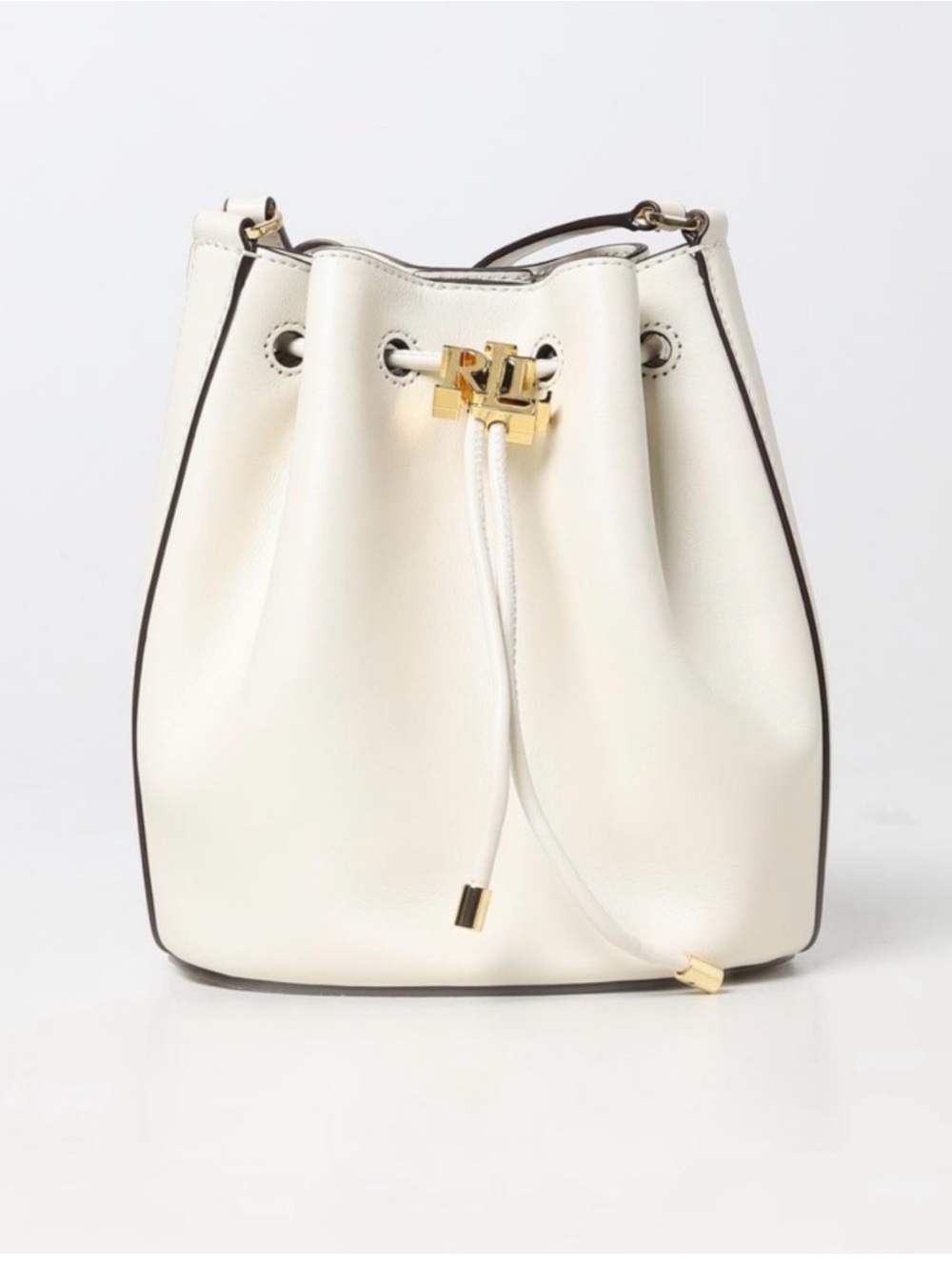 Lauren Ralph Lauren 100% Cow Leather Cream Drawstring Bucket Bag, Gold Hardware
